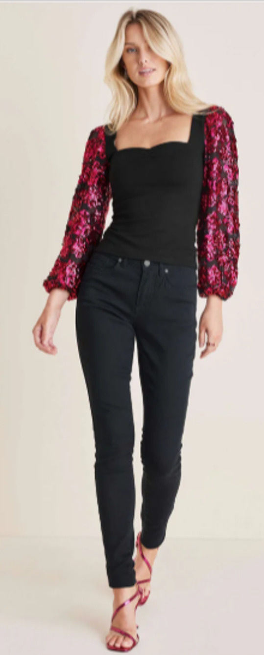 Venus Sheer Sequined Sleeve Top - Black & Pink Small 4-8